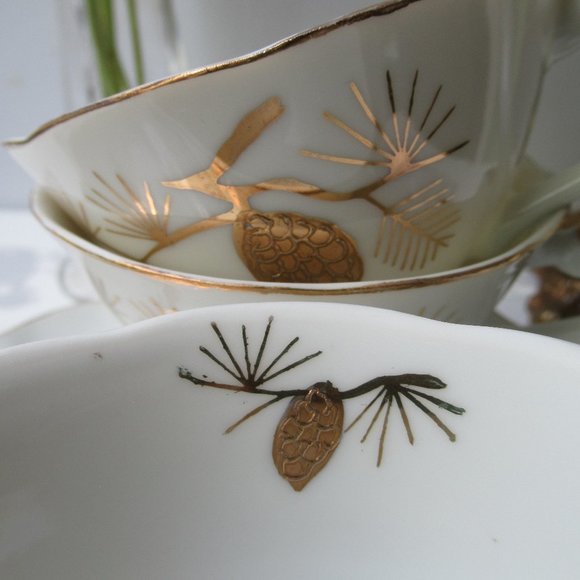Fine Porcelain 3 Pairs Mug & Saucer Golden Pine, Japan - Picture 8 of 16